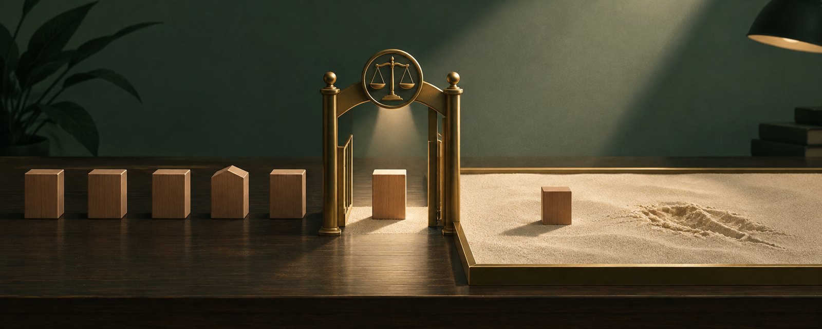 Many similar blocks pass a balance-scale gate; only one reaches smooth sand, contrasting with scratched sand an unchecked block would leave.