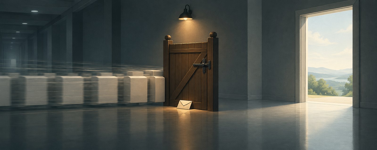 Fast-moving identical blocks halt at a closed, lamp-lit gate with a sealed envelope on its threshold: verify before letting AI act outward.
