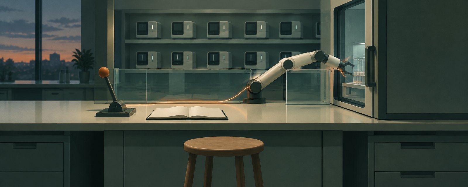 A robotic arm reaches through a gap in a glass partition while the stopper's stool and record book sit empty, showing the need for a stop role and records.