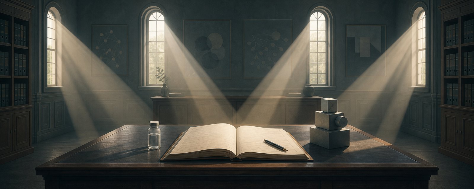 Four beams of light from different windows converge on one open ledger beside a vial and a block-built machine figure, evoking safety judged by records.
