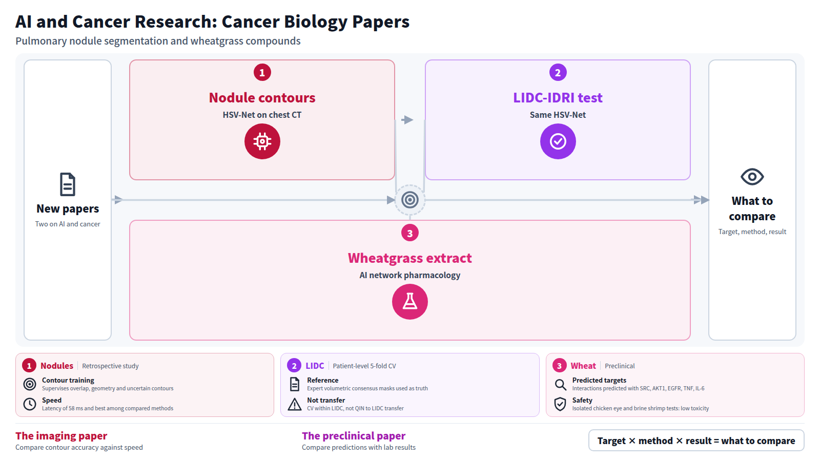 Two new cancer biology papers on AI side by side. HSV-Net segments pulmonary nodules on chest CT with two 3D network streams, reaching Dice 90.1% on QIN data with 58 ms latency, then Dice 87.8% on LIDC-IDRI with 186 patients and 294 nodules. The wheatgrass paper predicts targets by AI network pharmacology and tests the extract in DPPH, CAM and toxicity assays. Readers compare target, method and result.