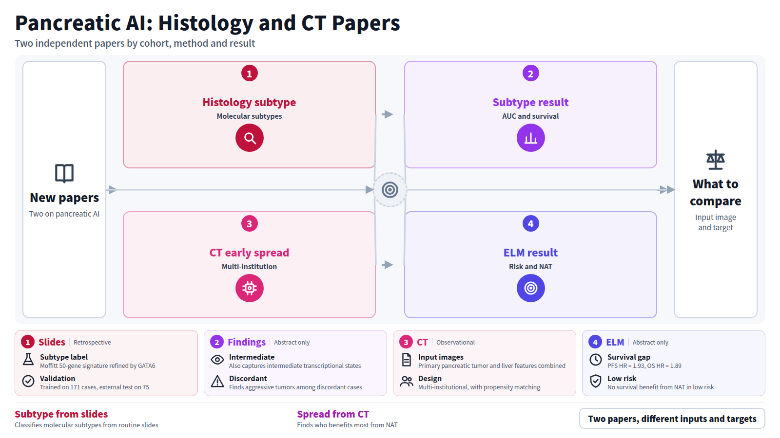 Two new pancreatic cancer AI papers side by side. The first infers molecular subtypes from routine histopathology: PanSubNet was built on 689 patients, with AUC 90.3% internally and 84.0% externally, and stratified survival in metastatic disease. The second predicts early liver metastases from CT in a 1063-patient multi-institutional cohort, with AUCs of 0.806-0.890, shorter survival in high risk, and a NAT benefit there. The closing view compares input image and prediction target.