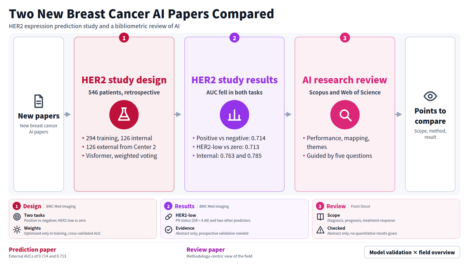 Two new breast cancer AI papers side by side. The first is a retrospective study of 546 patients from two centers using mammography-based deep learning radiomics to predict HER2 expression; external AUCs were 0.714 for positive vs negative and 0.713 for HER2-low vs zero. The second is a bibliometric review using Scopus and Web of Science that organizes AI breast cancer research with a methodology-centric view. Both were checked from the abstract only.