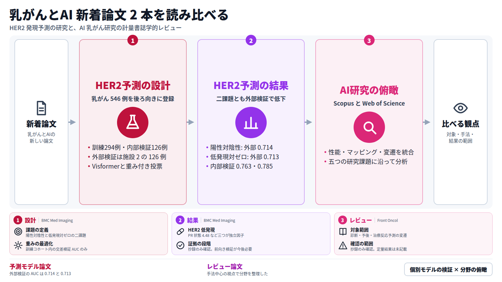 乳がんとAIの新着論文 2 本を並べた図。一つ目は 2 施設 546 例の後ろ向き研究で、マンモグラフィの深層学習ラジオミクスにより HER2 発現を予測し、外部検証の AUC は陽性対陰性で 0.714、低発現対ゼロで 0.713 だった。二つ目は Scopus と Web of Science を用いた計量書誌学的レビューで、AI 乳がん研究を手法中心に整理した。どちらも抄録のみ確認。