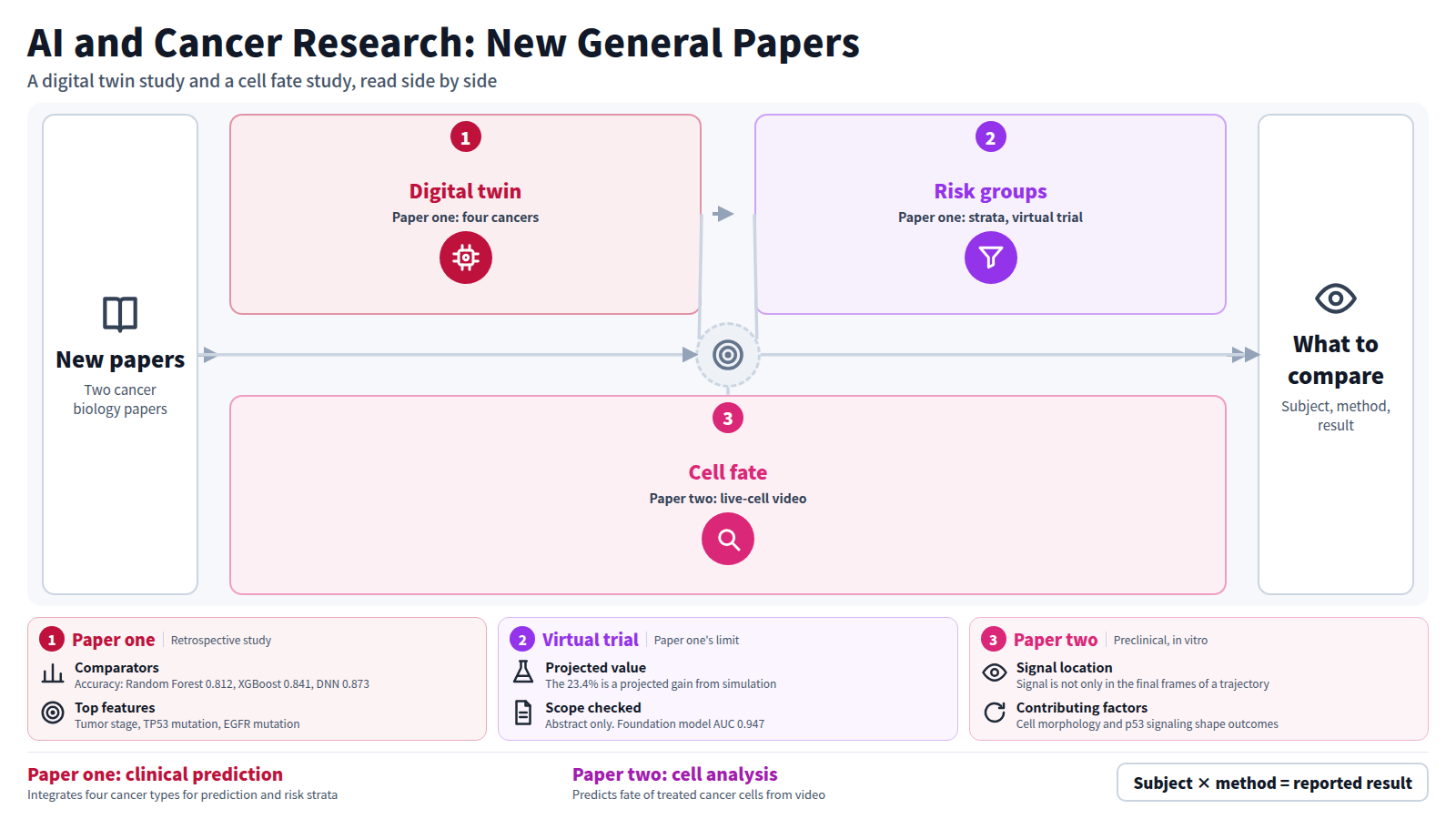 Two new cancer biology papers side by side. Paper one builds a six-layer digital twin on a retrospective cohort of 400 patients with four cancer types; its foundation model reached accuracy 0.921 and AUC 0.947. Risk strata were 37.0% low, 38.3% moderate and 24.8% high, and a virtual trial projected 23.4% better progression-free survival in the high-risk group. Paper two uses a Transformer on live-cell video of chemotherapy-treated cancer cells, reaching balanced accuracy 0.94 and F1 0.93, with reliable prediction up to 8 h before the event. Readers compare subject, method and result.