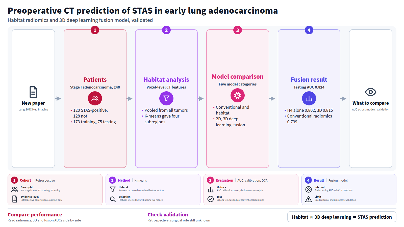 Diagram of one new lung paper. Patients: 248 stage I adenocarcinomas, 173 training and 75 testing. CT voxel features were pooled and clustered by K-means into four habitat subregions, and five model categories were compared. The fusion model reached testing AUC 0.824 versus 0.739 for conventional radiomics. Retrospective; external and prospective validation needed.