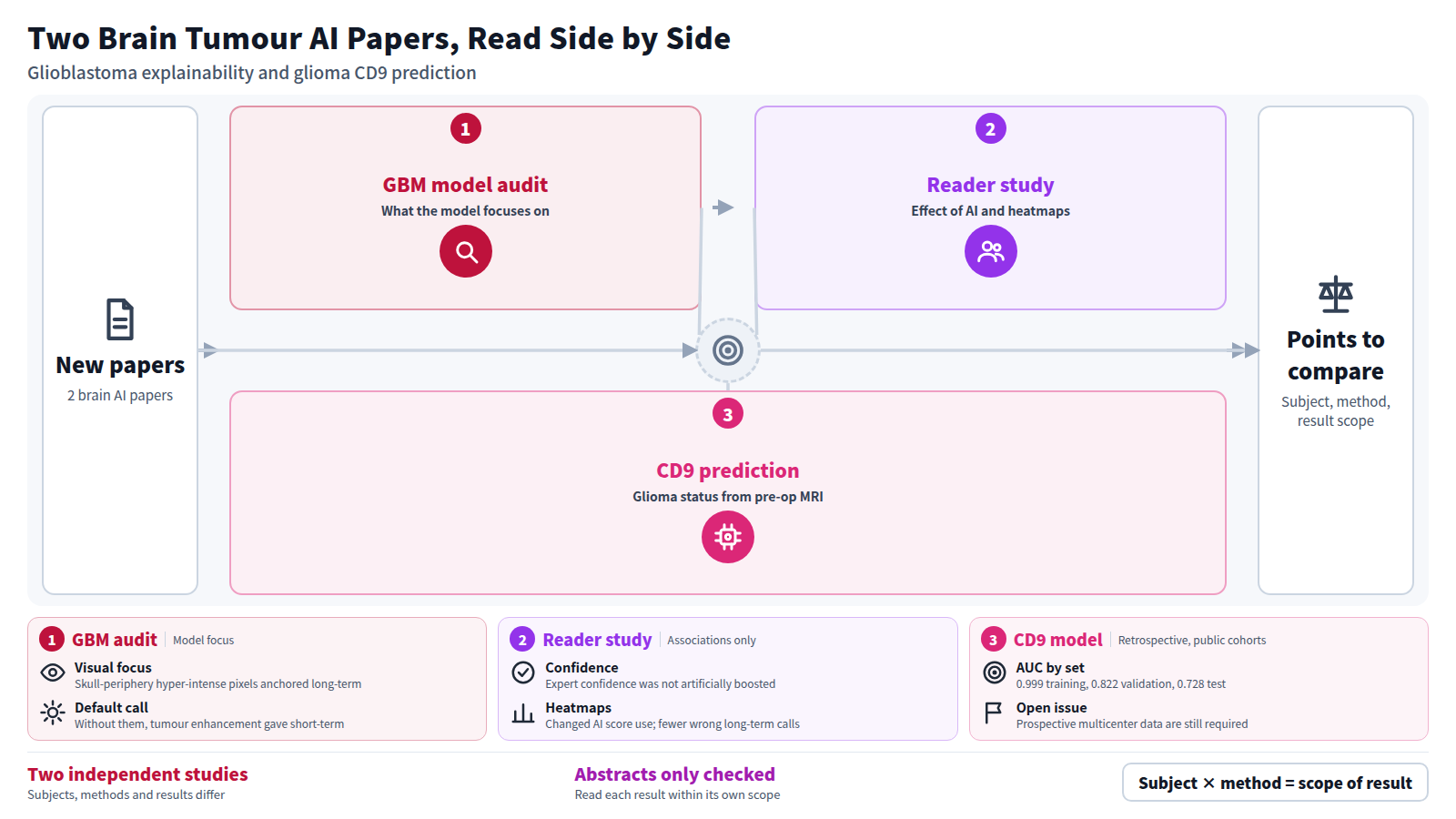 Diagram of two new brain tumour AI papers. Input: two new papers. The first audits a glioblastoma survival model with explainable AI and finds reliance on an intensity shortcut, then a reader study of 37 patients and 4 readers shows AI assistance improved expert accuracy. The second predicts high CD9 expression in gliomas from preoperative MRI, with a test AUC of 0.728. Output: points to compare, namely subject, method and result scope.