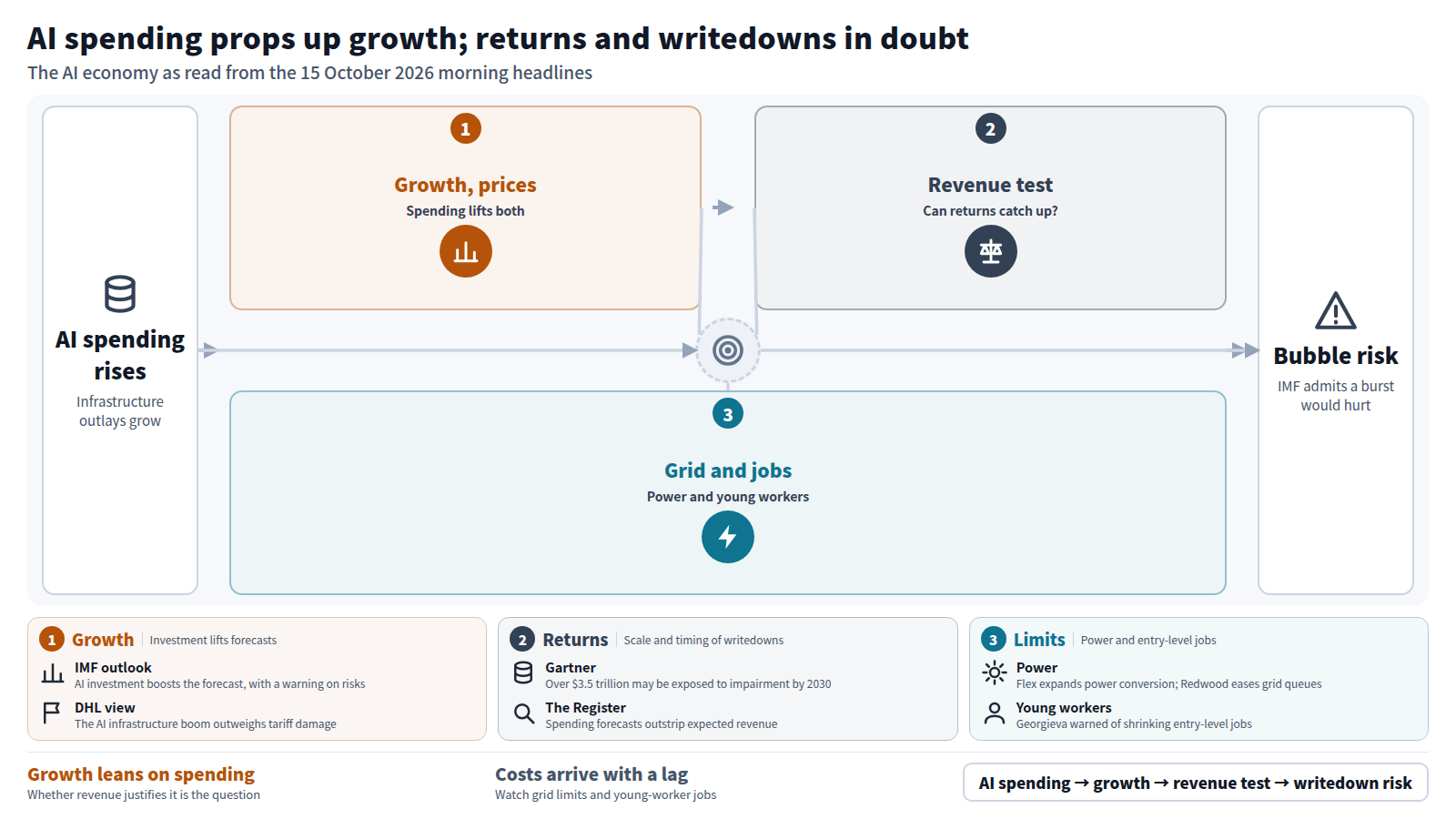 The chart starts with rising AI spending. Stage one: spending lifts growth and prices; the IMF forecasts 3.4% growth next year and Goldman Sachs says AI inflation has peaked. Stage two: whether revenue can justify the outlay; Gartner says over $3.5 trillion may be exposed to impairment by 2030. Stage three: power grid and entry-level job constraints. The output is bubble risk.