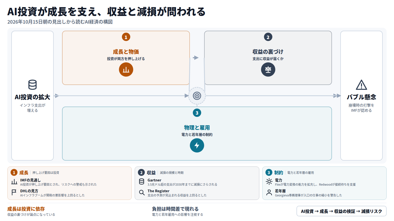 AI投資の拡大から始まり、第一段で投資が成長と物価を押し上げる。IMFは成長率3.4%と予想し、Goldman Sachsはインフレが頭打ちと説明した。第二段では収益が支出に追いつくかが問われ、Gartnerは3.5兆ドル超の支出が2030年までに減損にさらされると試算した。第三段では電力と若年層の雇用の制約が現れる。出口はバブル崩壊への懸念である。