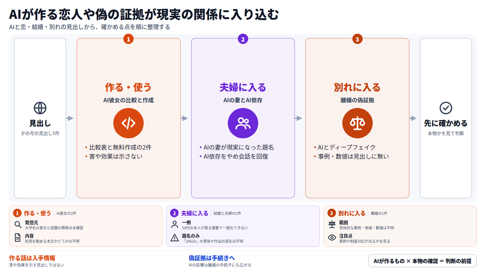 左から右へ流れる図。入口は夕の号の見出し5件。第1段はAI彼女アプリの比較と無料作成で、害や効果を示す内容ではない。第2段は結婚と夫婦で、AIの妻が現実になった題名と、50代の本人がAI依存をやめて会話を回復する連載がある。第3段は離婚で、AIとディープフェイクによる偽の証拠が扱われる。出口は、本物かを先に確かめてから判断すること。下段の3枚に各段の未確認の点を示す。