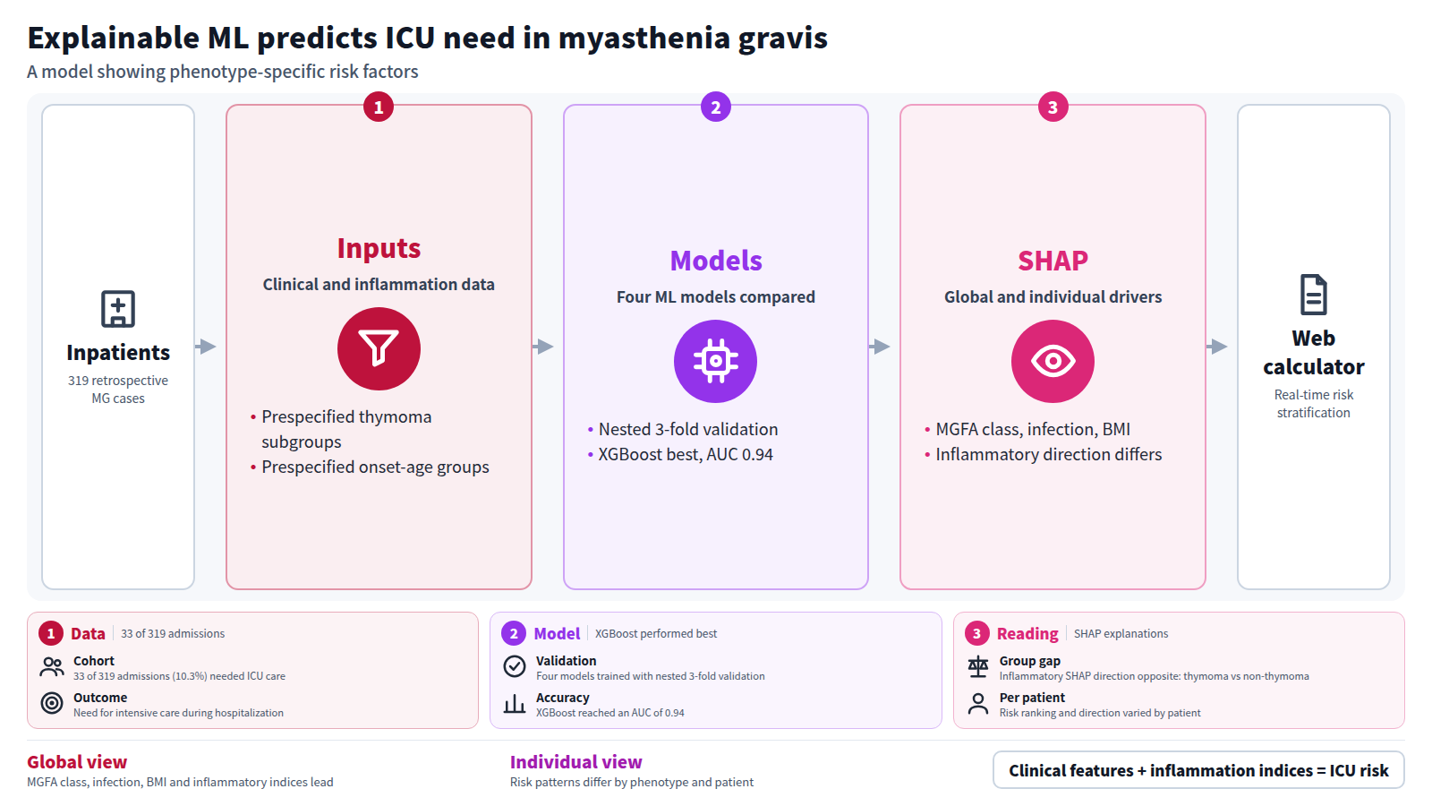 Diagram of an explainable machine learning flow for predicting ICU admission in 319 hospitalized patients with myasthenia gravis. Clinical variables and systemic inflammation markers feed four models with prespecified thymoma and age-at-onset subgroups, trained with nested 3-fold validation; XGBoost performed best with an AUC of 0.94. SHAP shows main predictors and phenotype-specific patterns, and a web calculator supports risk stratification.