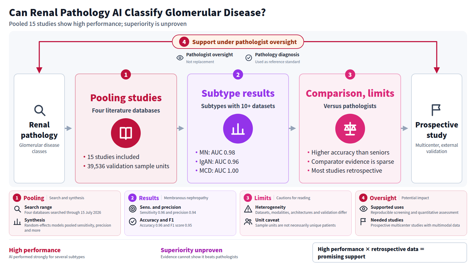 Diagram of AI classifying glomerular disease from renal pathology images, pooled from 15 studies. Four databases were searched, then high performance is shown for membranous nephropathy, IgA nephropathy and minimal change disease. Against senior pathologists accuracy was higher, but comparator evidence is sparse and most studies were retrospective. All of this sits as support under pathologist oversight, and the output is prospective multicenter validation.