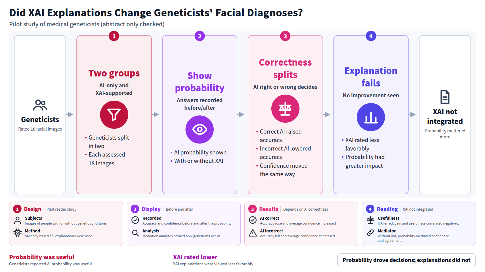 Forty-four medical geneticists, split into AI-only and XAI-supported groups, each assessed 18 facial images. Accuracy and confidence were recorded before and after seeing the AI prediction probability. Correct AI classifications raised accuracy and confidence; incorrect ones lowered them. XAI explanations were rated less favorably, no improvement appeared, and the probability had greater impact on decisions.