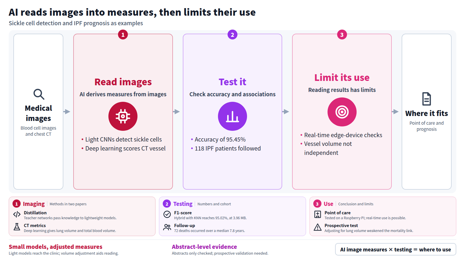 Starting from images, AI detects sickle cells or derives pulmonary vascular metrics from CT. These are tested through 95.45% accuracy and a 118-patient follow-up. Finally, use is limited to edge-device checks and the caveat that vascular volume partly reflects lung volume.