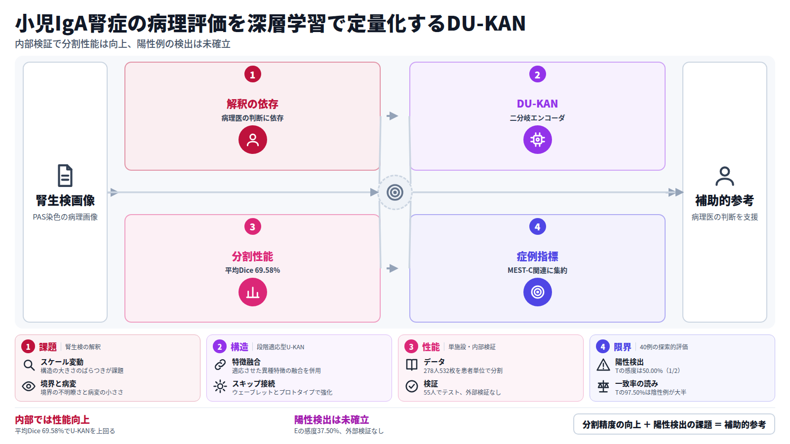 腎生検のPAS染色画像を入力とし、病理医の解釈依存という課題から、二分岐エンコーダのDU-KANで分割し、平均Dice 69.58%を得て、症例単位のMEST-C関連指標に集約する流れ。40例の探索的評価で全指標一致は65.00%、Eの感度は37.50%。補助的な参考にとどまる。