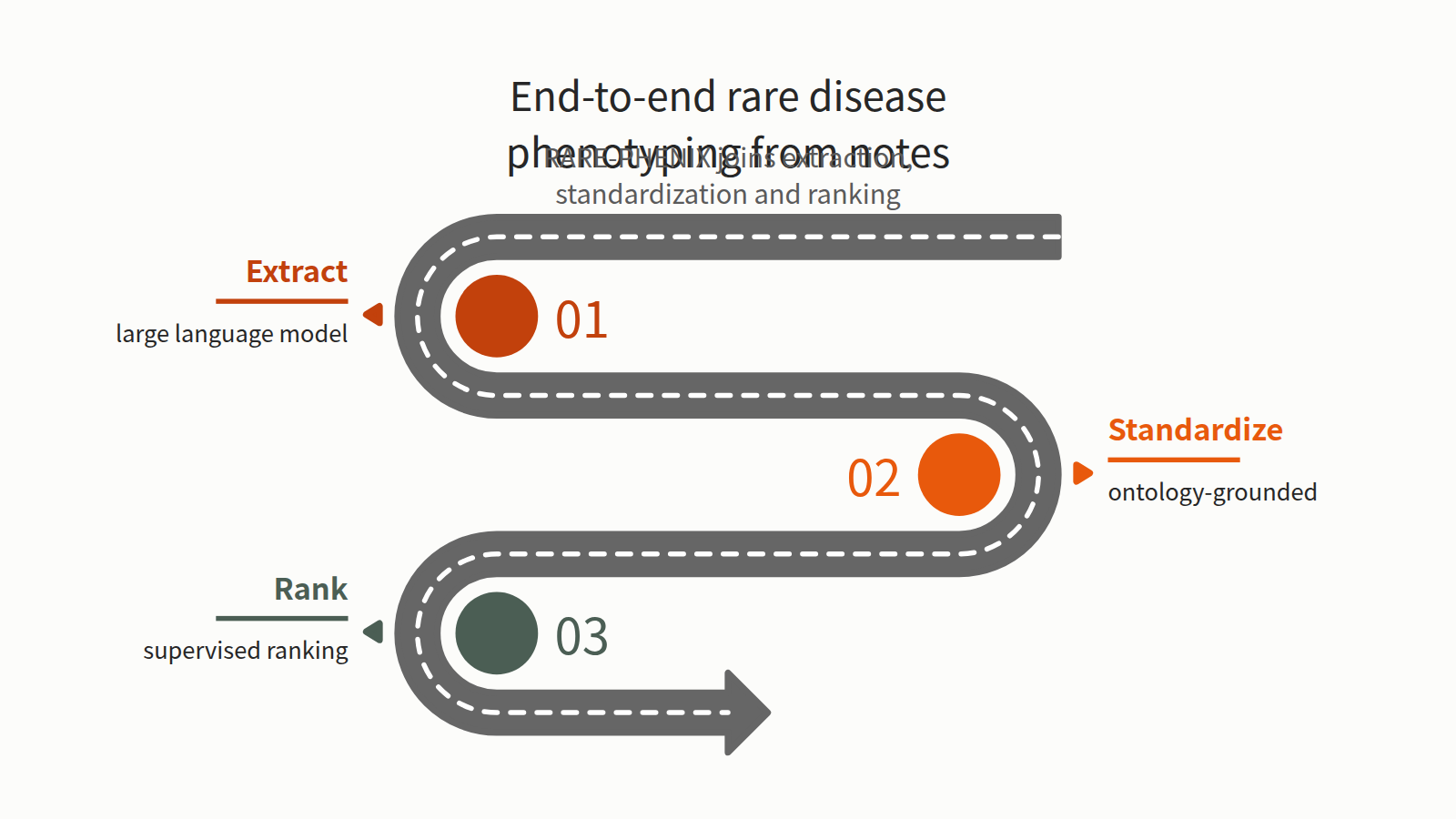 Clinical notes enter on the left. A large language model extracts phenotype features, ontology-grounded standardization maps them to HPO terms, and supervised ranking prioritizes rare disease-relevant terms, producing ranked HPO terms. The cards cover the limits of manual curation, training on 2671 patients across 11 clinical sites, and external validation on 16,357 notes from 143 patients at Vanderbilt University Medical Center. The conclusion: output is highly concordant with clinician curation and may support human-in-the-loop phenotyping.
