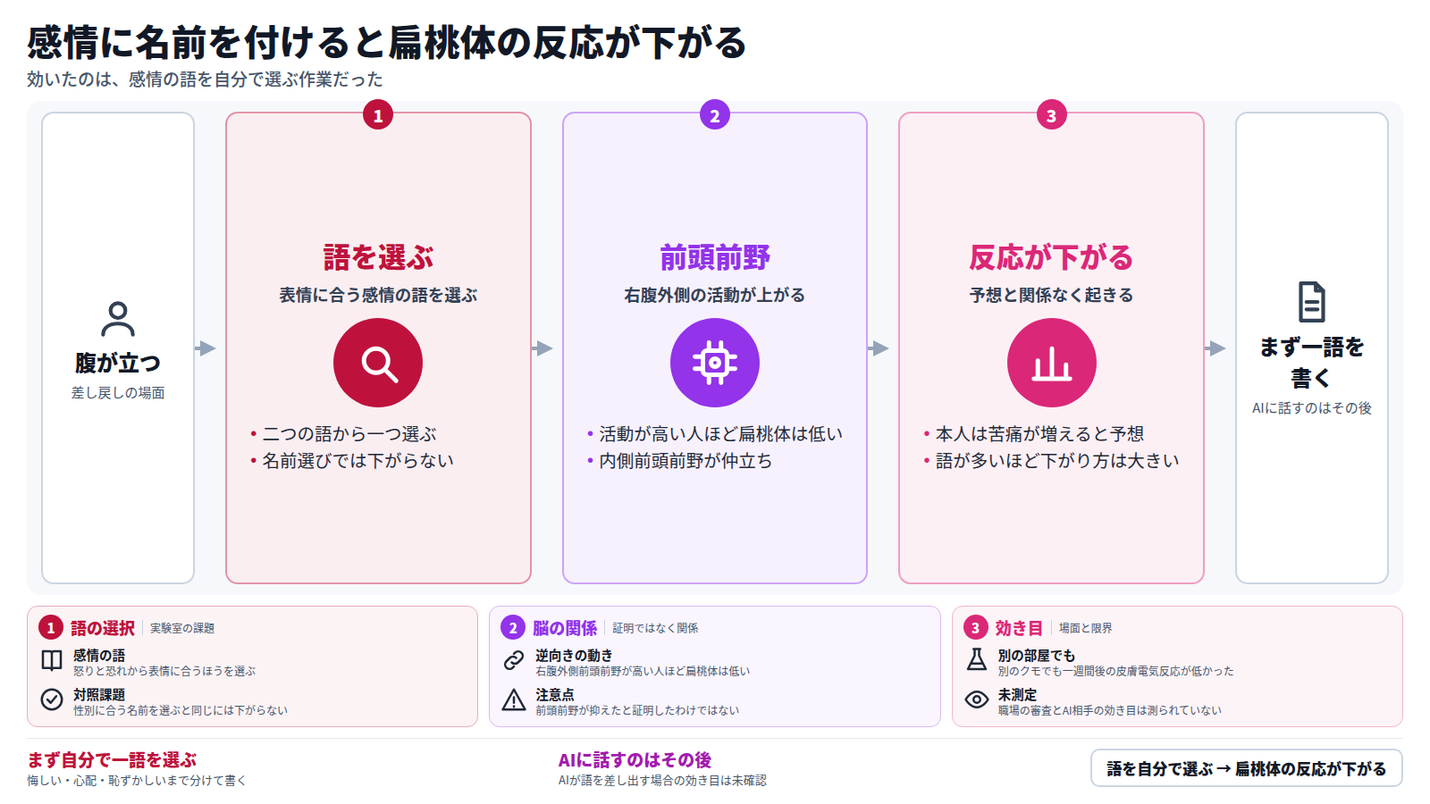 怒りを覚えた人が、表情に合う感情の語を自分で選ぶと、右腹外側前頭前野の活動が上がり、扁桃体の反応が下がる。この効き目は本人の予想と関係なく起き、使う語が多いほど大きい。確かめられたのは実験室と恐怖症の治療で、職場の審査やAI相手は未測定。まず自分で一語を書き、AIに話すのはその後にする。